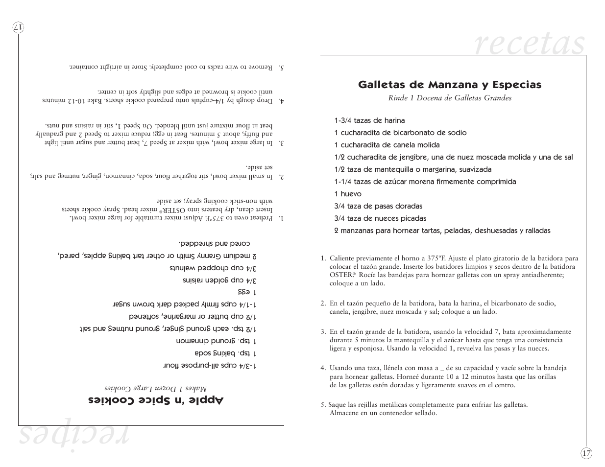 Recipes, Recetas, Apple ‘n spice cookies | Galletas de manzana y especias | Oster 2384 User Manual | Page 37 / 40