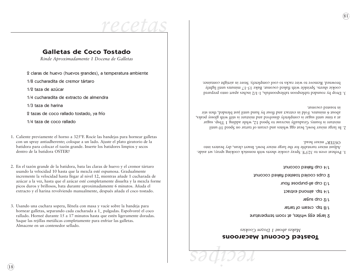 Recipes, Recetas, Toasted coconut macaroons | Galletas de coco tostado | Oster 2384 User Manual | Page 38 / 40