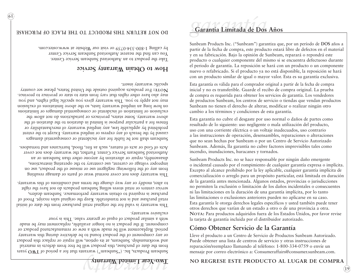 Garantía, Warranty, Garantía limitada de dos años | Cómo obtener servicio de la garantía, T w o-y ear limited w arranty, How to obtain warranty service | Oster 2384 User Manual | Page 39 / 40