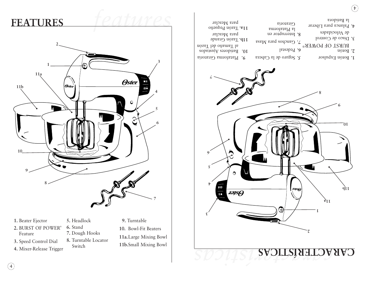Características features, Features, Características | Oster 2384 User Manual | Page 4 / 40