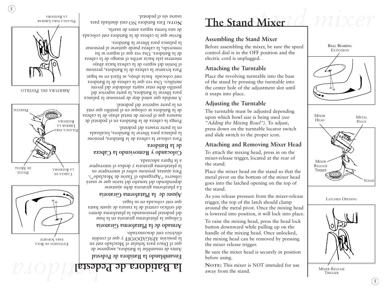 Stand mixer, Batidora, The stand mixer | La batidora de pedestal, Assembling the stand mixer, Attaching the turntable, Adjusting the turntable, Attaching and removing mixer head, Ensamblando la batidora de pedestal, Armado de la plataforma giratoria | Oster 2384 User Manual | Page 5 / 40