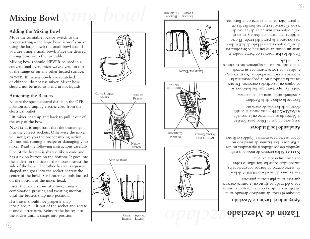 Mixing bowl, Mezclado, Tazón de mezclado | Adding the mixing bowl, Attaching the beaters, Agregando el tazón de mezclado, Añadiendo los batidores | Oster 2384 User Manual | Page 6 / 40