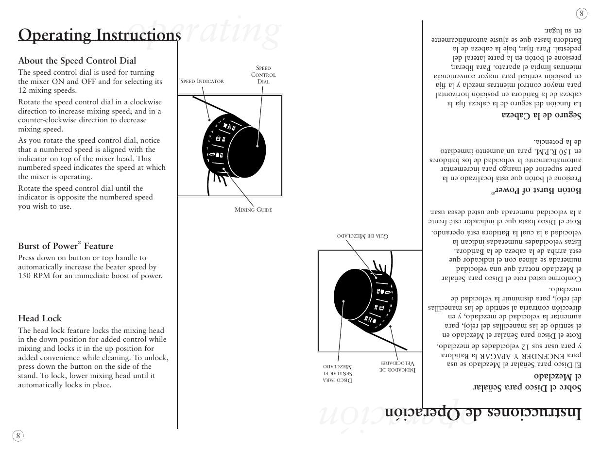 Operating, Operación, Operating instructions | Instrucciones de operación, About the speed control dial, Burst of power, Feature, Head lock, Sobre el disco para señalar elmezclado, Botón burst of power | Oster 2384 User Manual | Page 8 / 40