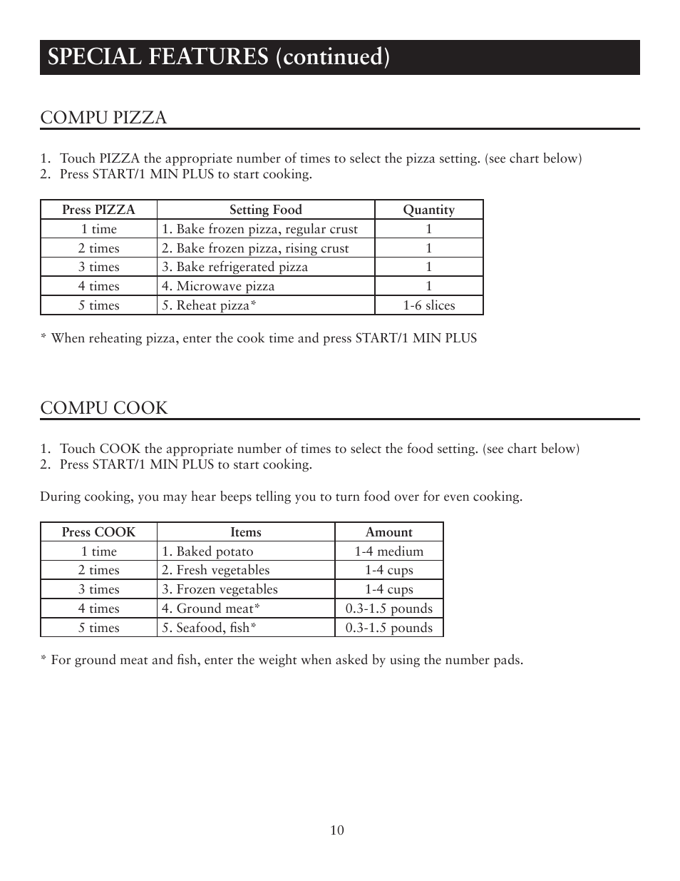 Special features (continued), Compu pizza, Compu cook | Oster OTM1101VBS User Manual | Page 10 / 19