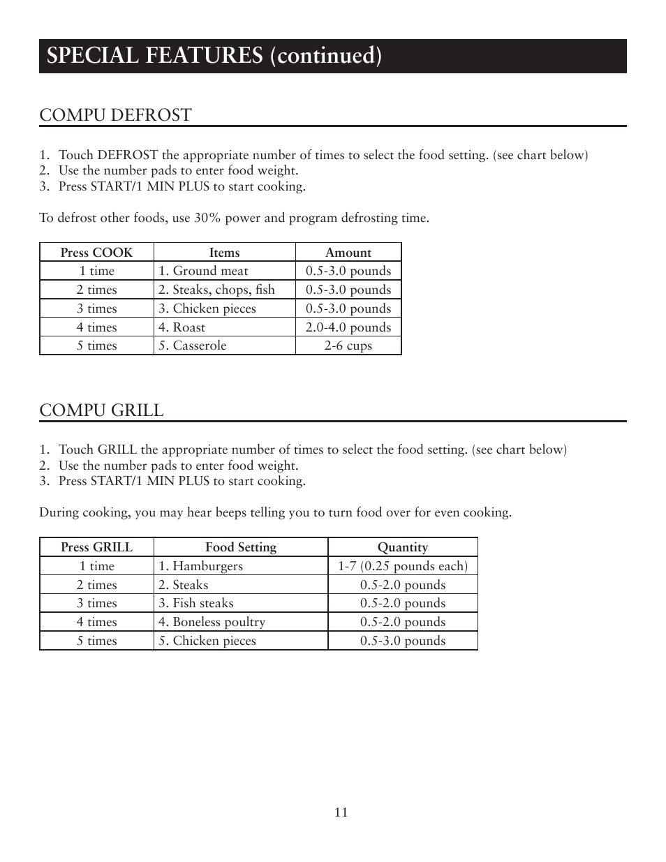 Special features (continued), Compu defrost, Compu grill | Oster OTM1101VBS User Manual | Page 11 / 19