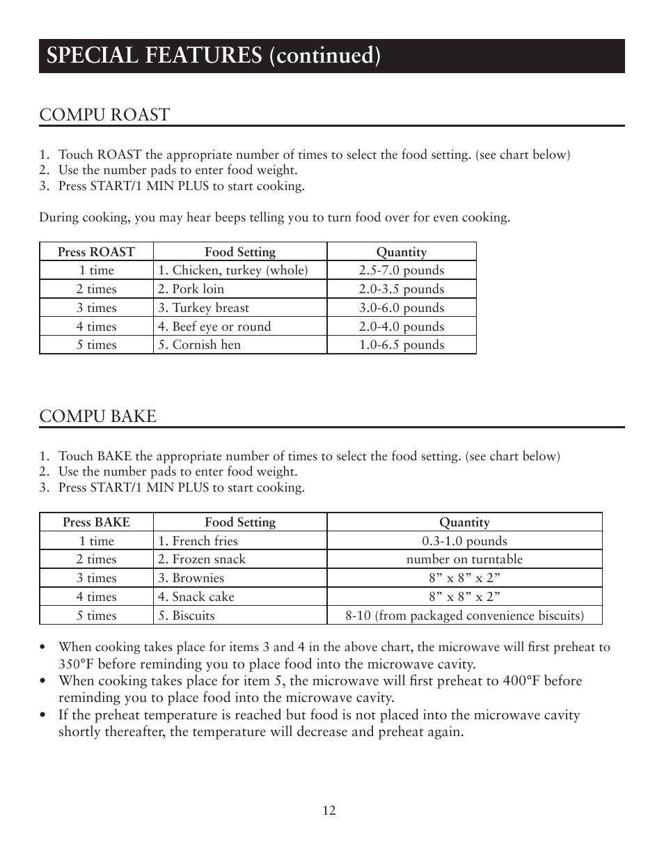 Special features (continued), Compu roast, Compu bake | Oster OTM1101VBS User Manual | Page 12 / 19