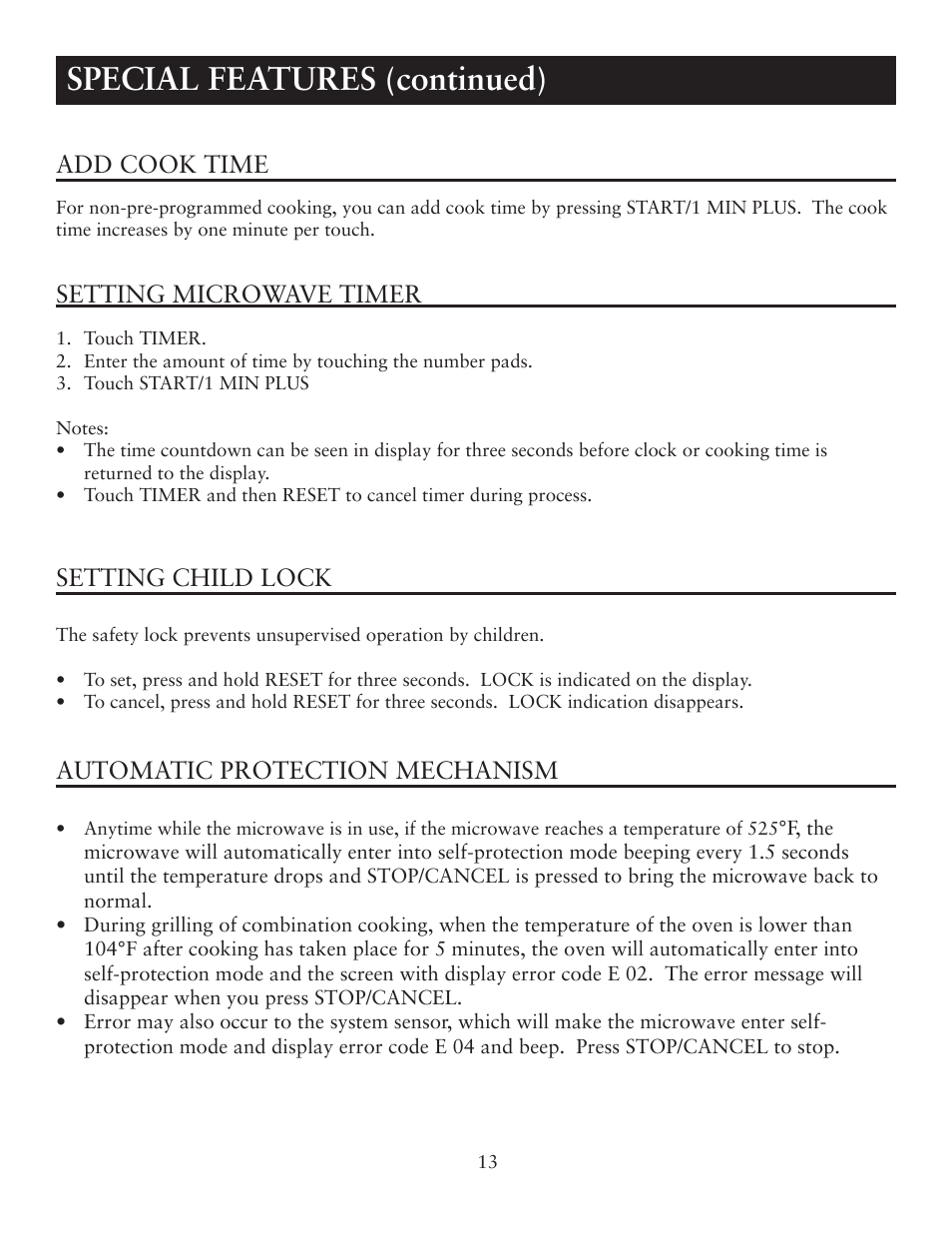 Special features (continued), Setting child lock, Add cook time | Oster OTM1101VBS User Manual | Page 13 / 19