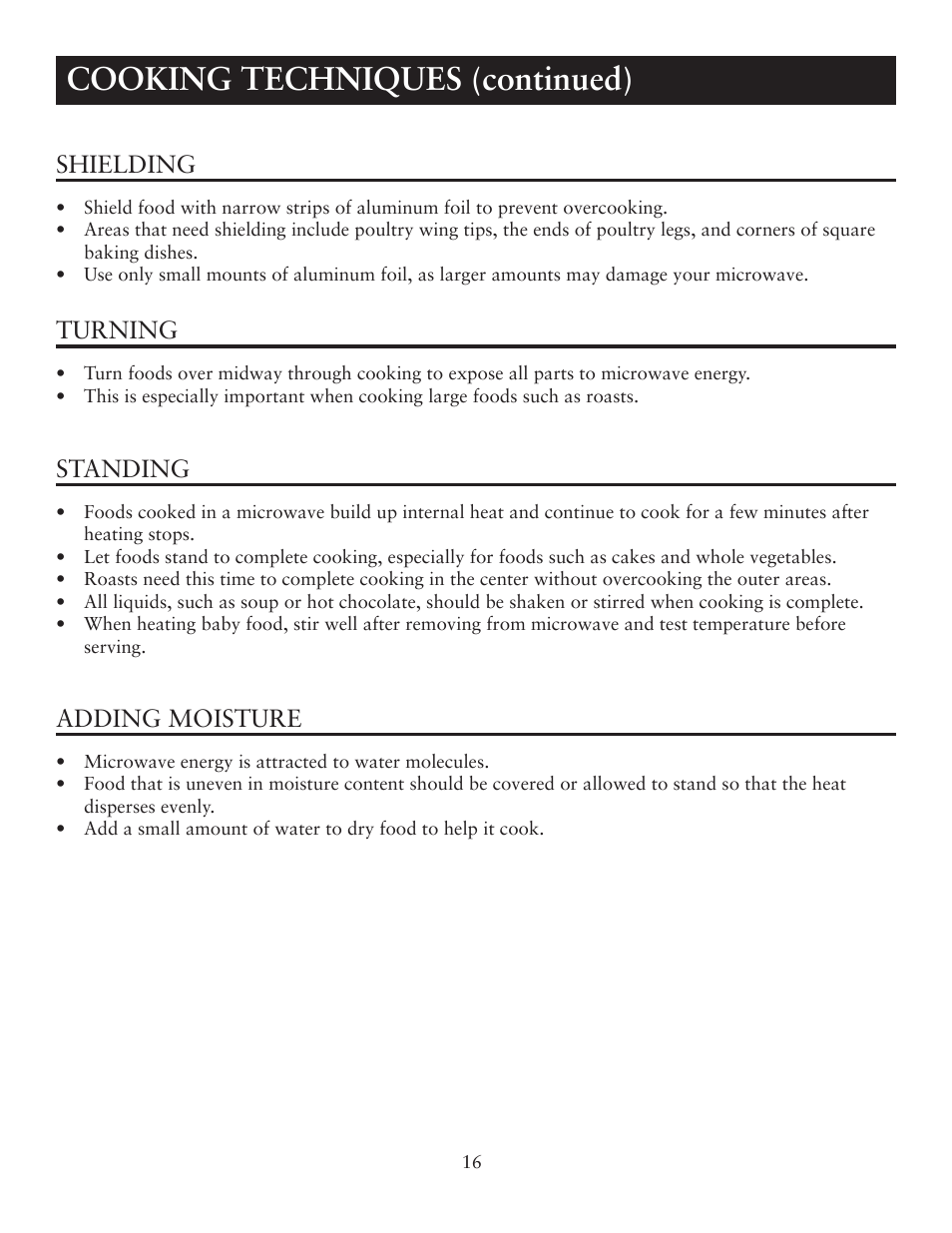 Cooking techniques (continued), Shielding, Turning | Standing, Adding moisture | Oster OTM1101VBS User Manual | Page 16 / 19