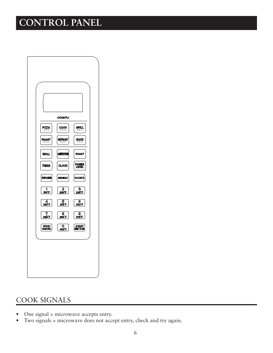 Control panel, Cook signals | Oster OTM1101VBS User Manual | Page 6 / 19
