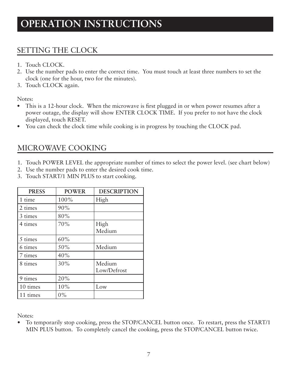 Operation instructions, Setting the clock, Microwave cooking | Oster OTM1101VBS User Manual | Page 7 / 19