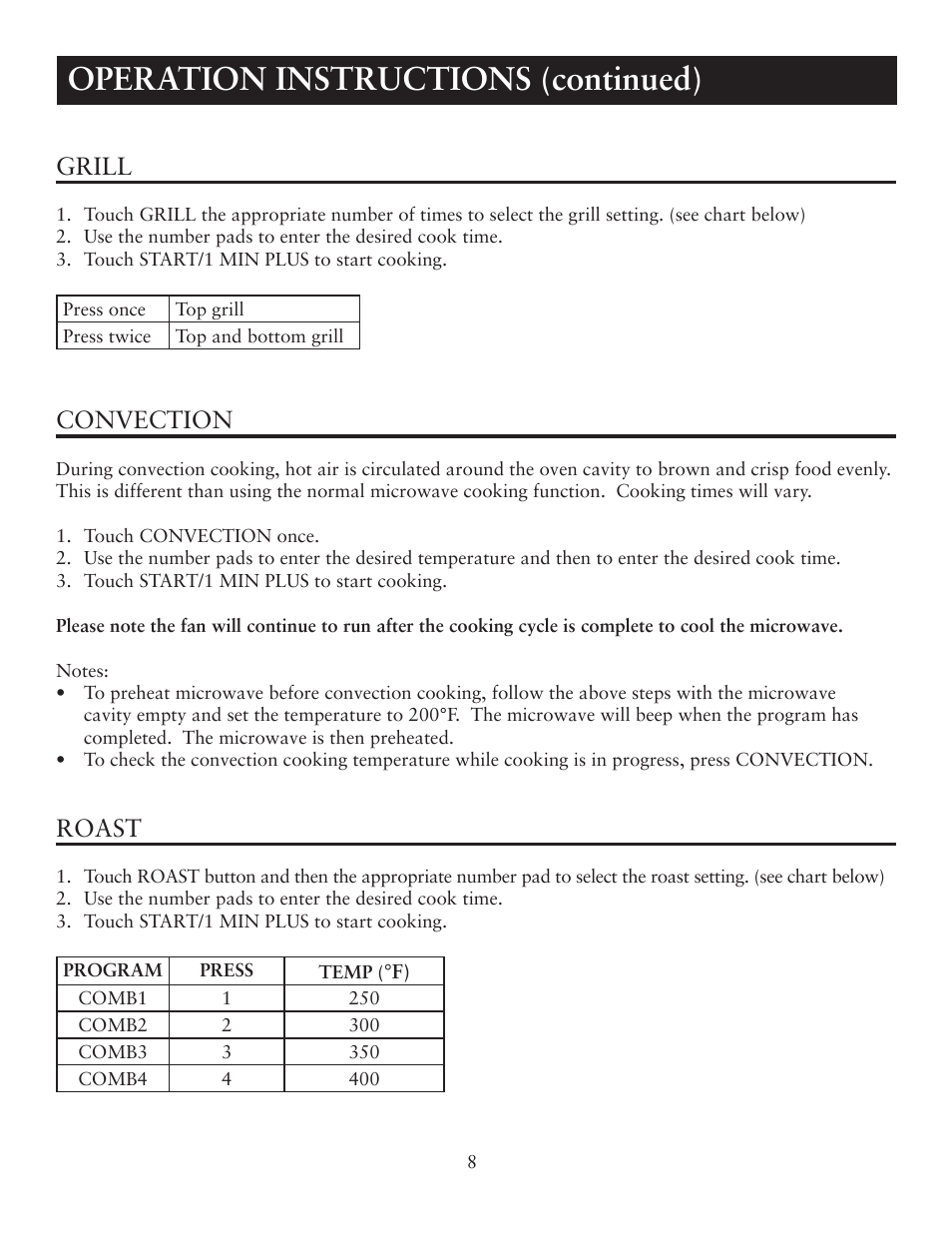 Operation instructions (continued), Grill, Convection | Roast | Oster OTM1101VBS User Manual | Page 8 / 19