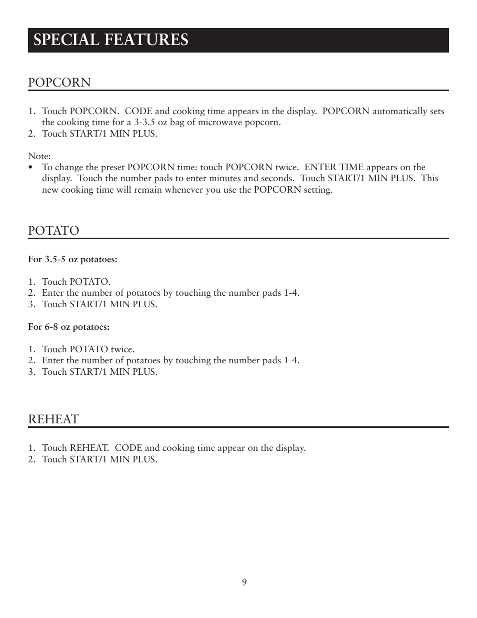 Special features, Popcorn, Potato | Reheat | Oster OTM1101VBS User Manual | Page 9 / 19