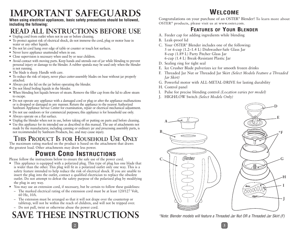 Important safeguards, Save these instructions, Read all instructions before use | Oster Blender User Manual | Page 2 / 10