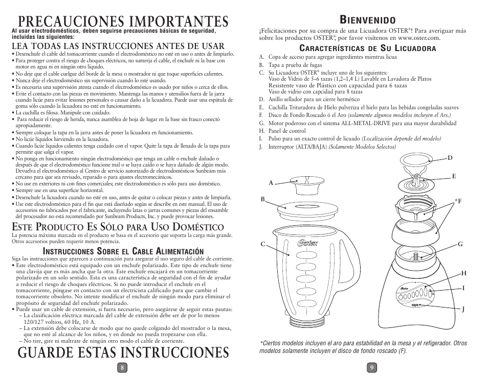 Precauciones importantes, Guarde estas instrucciones | Oster Blender User Manual | Page 5 / 10