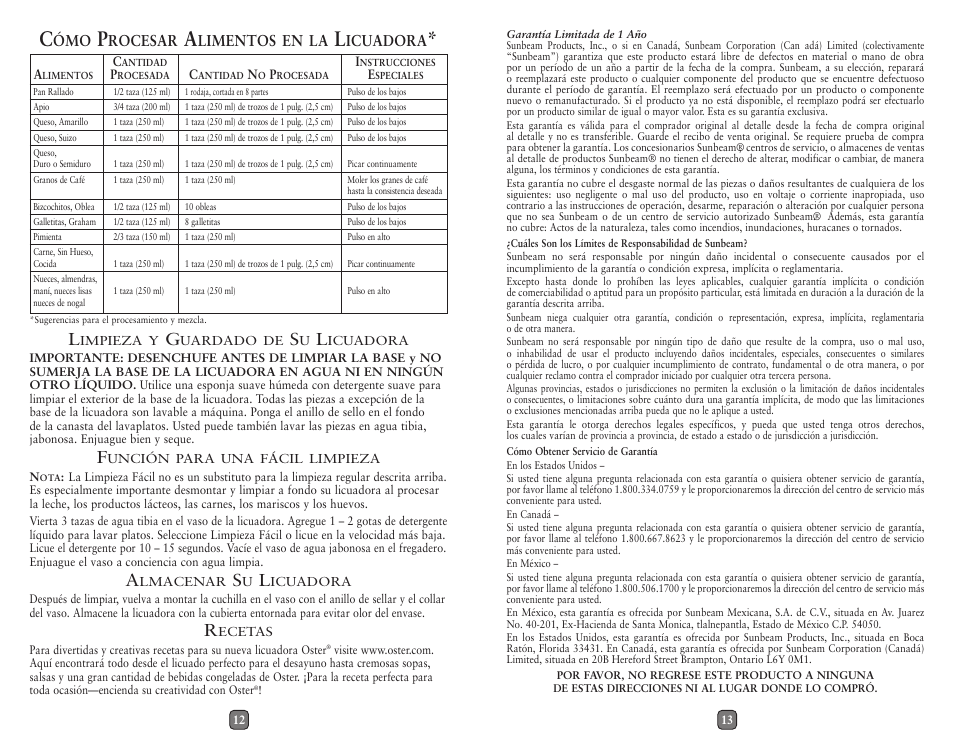 Rocesar, Limentos en la, Icuadora | Oster Blender User Manual | Page 7 / 10