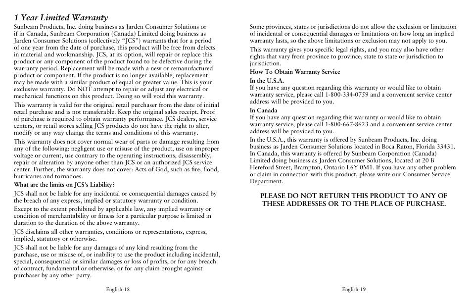 1 year limited warranty | Oster Fryer User Manual | Page 10 / 20