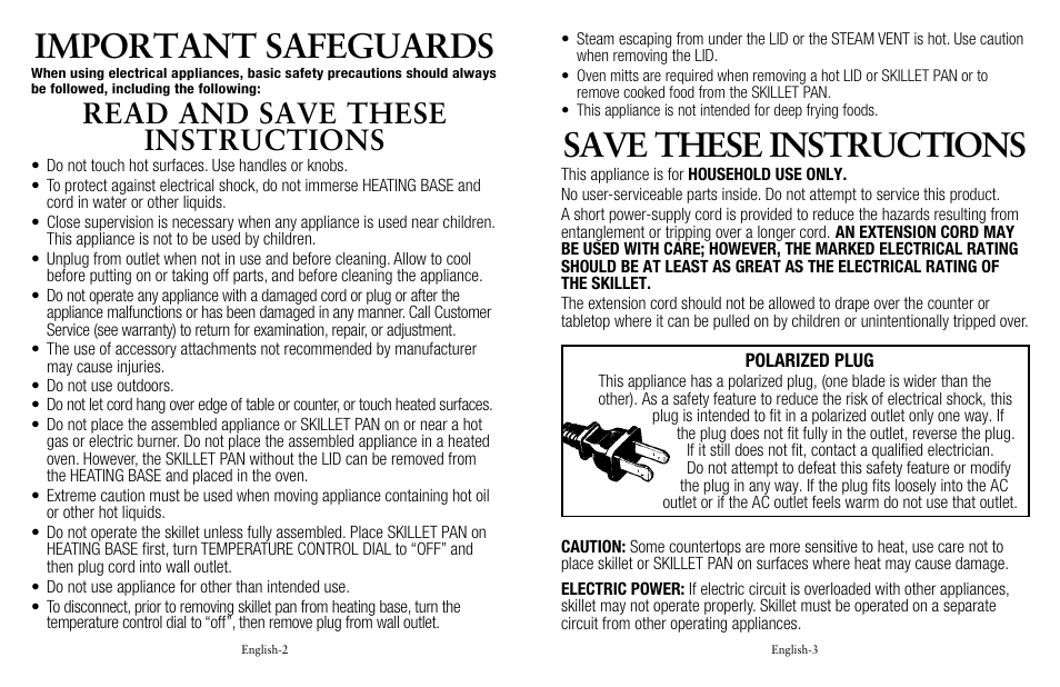 Important safeguards, Save these instructions, Read and save these instructions | Oster Fryer User Manual | Page 2 / 20