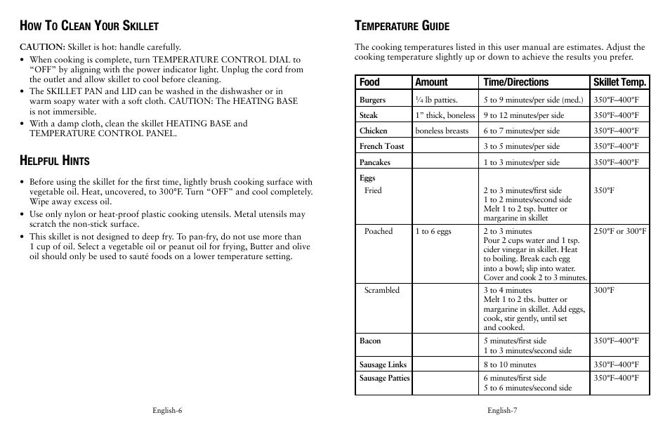 Food amount time/directions skillet temp | Oster Fryer User Manual | Page 4 / 20