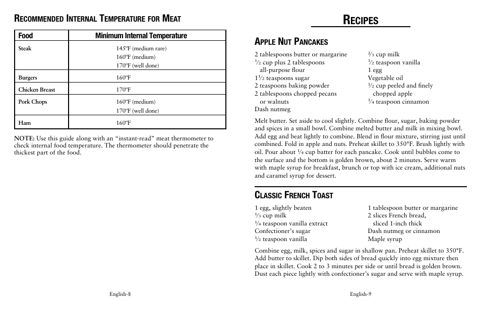 Ecipes, Food minimum internal temperature | Oster Fryer User Manual | Page 5 / 20