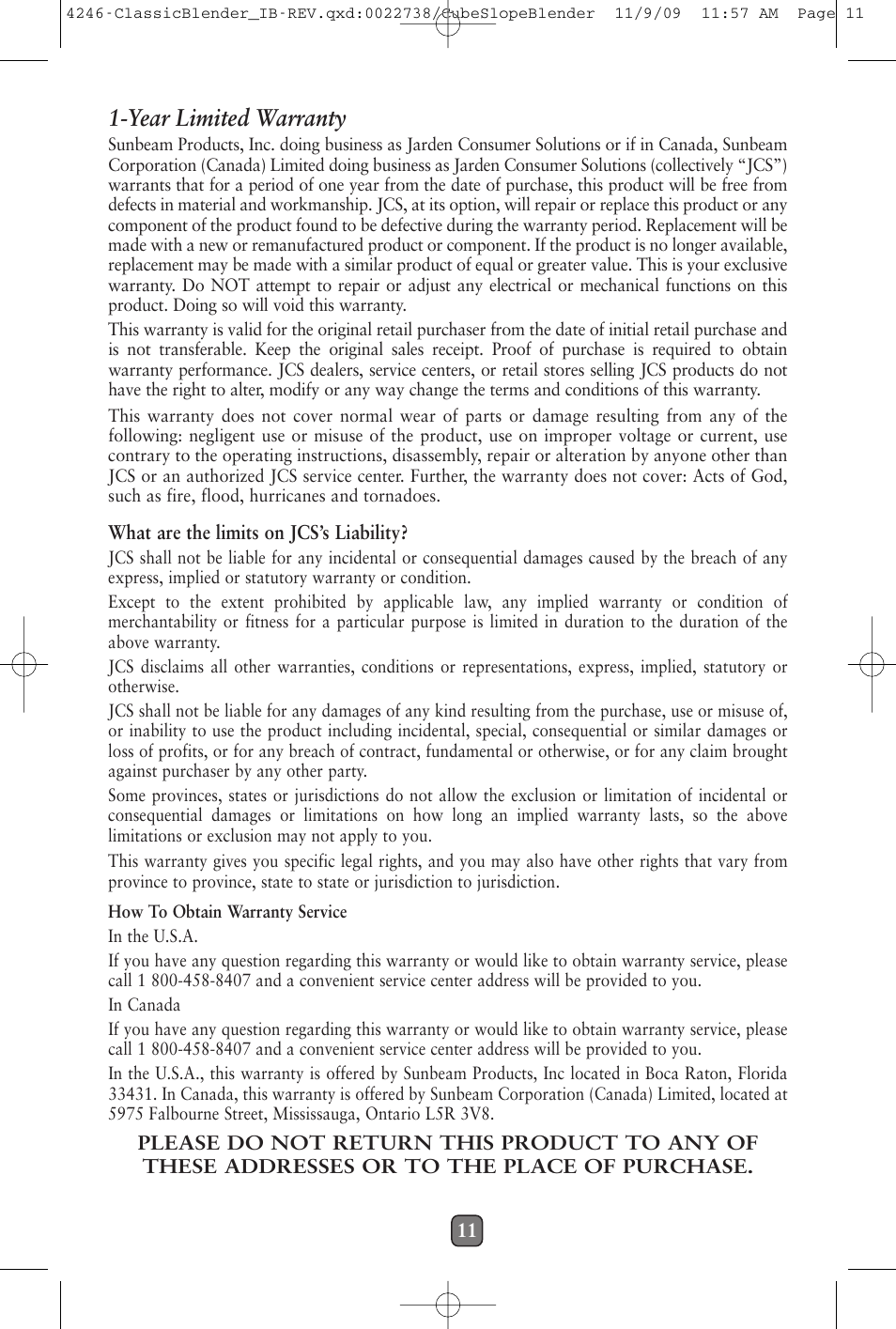 Year limited warranty | Oster 114279-009 User Manual | Page 12 / 22