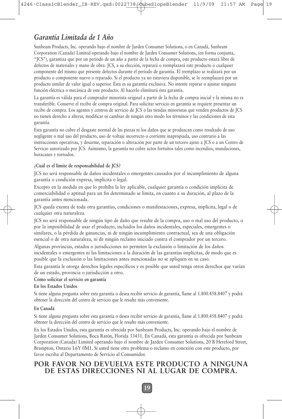 Garantía limitada de 1 año | Oster 114279-009 User Manual | Page 20 / 22