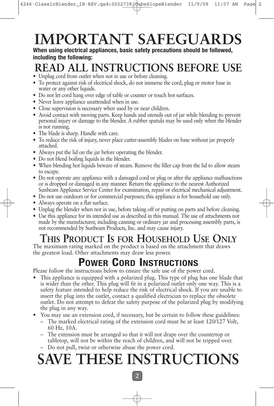 Important safeguards, Save these instructions, Read all instructions before use | Oster 114279-009 User Manual | Page 3 / 22