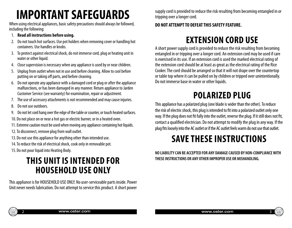 Important safeguards, Save these instructions, This unit is intended for household use only | Extension cord use, Polarized plug | Oster 147869 User Manual | Page 2 / 12