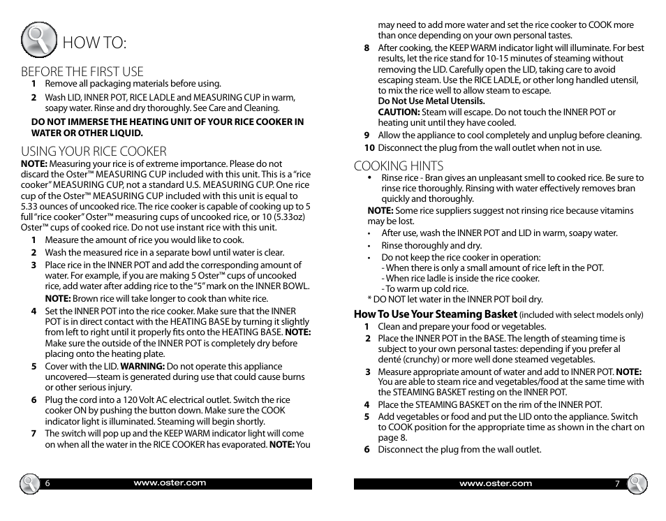 How to, Cooking hints, Before the first use | Using your rice cooker | Oster 147869 User Manual | Page 4 / 12