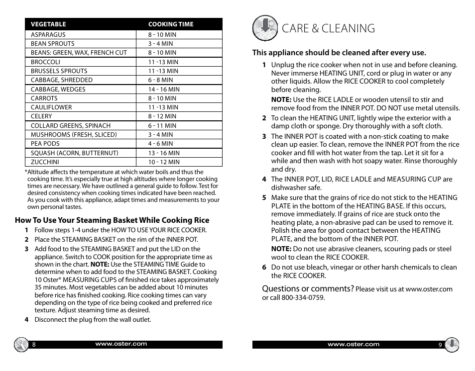 Care & cleaning, Questions or comments | Oster 147869 User Manual | Page 5 / 12