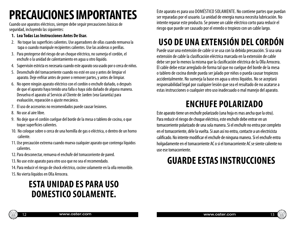 Precauciones importantes, Guarde estas instrucciones, Esta unidad es para uso domestico solamente | Uso de una extensión del cordón, Enchufe polarizado | Oster 147869 User Manual | Page 7 / 12