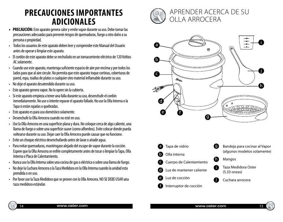 Precauciones importantes adicionales, Aprender acerca de su olla arrocera | Oster 147869 User Manual | Page 8 / 12