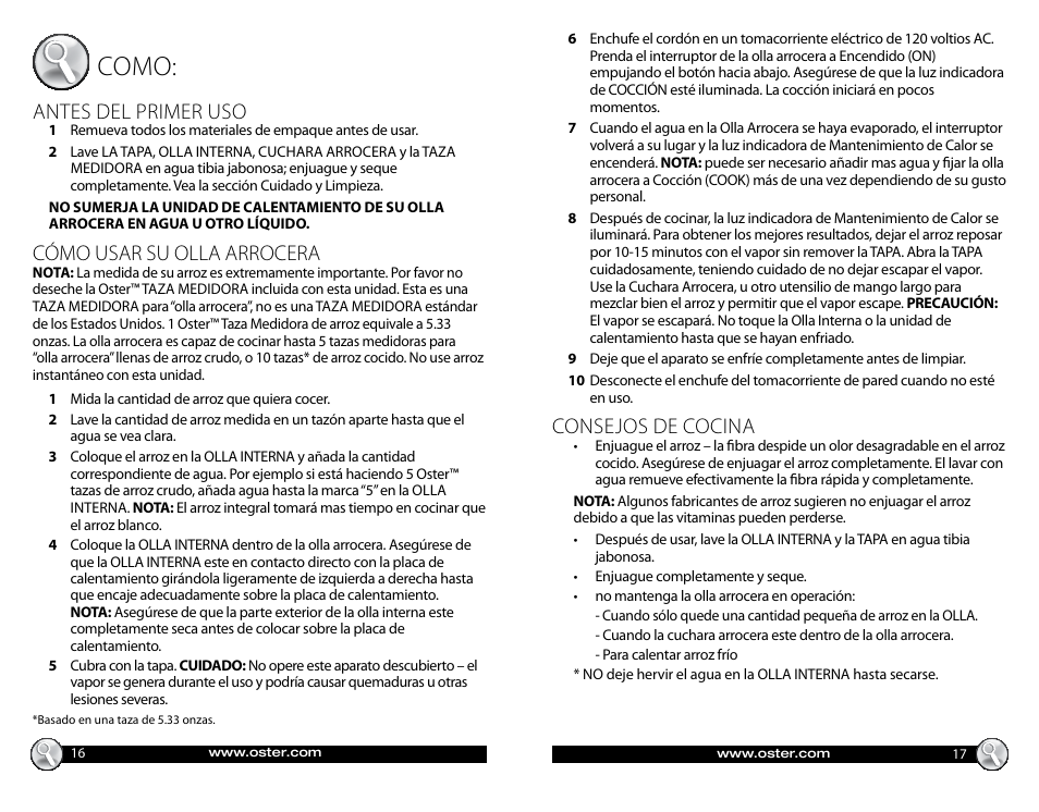 Como, Consejos de cocina, Antes del primer uso | Cómo usar su olla arrocera | Oster 147869 User Manual | Page 9 / 12