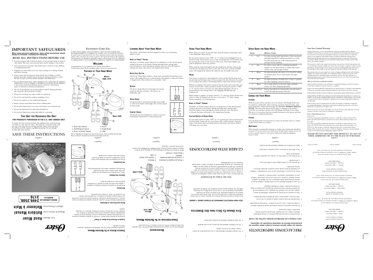 Bu rs t, Hand mixer, Batidora manual | Malaxeur à main, Important safeguards, Save these instructions, Precauciones import antes, Guardeest asinstrucciones | Oster 2499 User Manual | Page 7 / 8