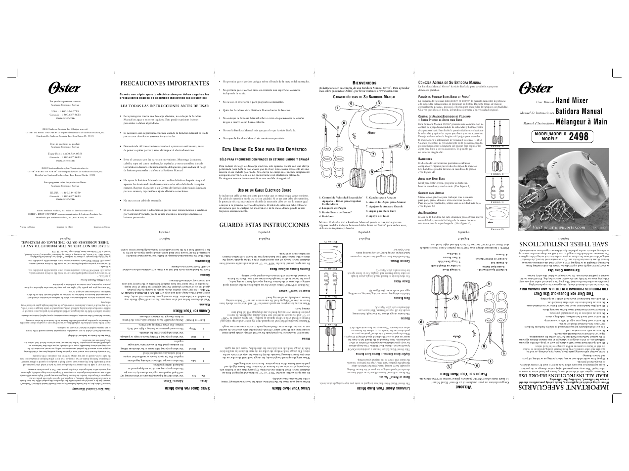 Hand mixer, Batidora manual, Mélangeur à main | Import ant safeguards, Sa ve theseinstructions, Precauciones importantes, Guarde estas instrucciones | Oster 2499 User Manual | Page 8 / 8