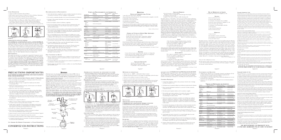 Précautions importantes, Conservez ces instructions, Lisez toutes les instructions avant utilisation | Ienvenue, Ecetas, Guarantie limitée de 1 an, Garantía limitada de 1 año | Oster 116534-000-000 User Manual | Page 2 / 2