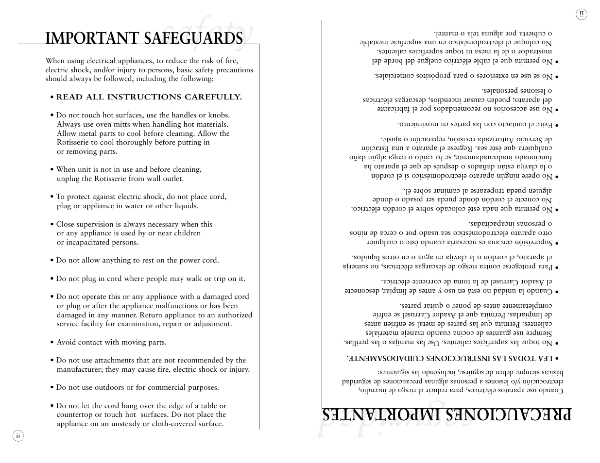 Seguridad, Safety, Important safeguards | Precauciones import antes | Oster 4781 User Manual | Page 2 / 27