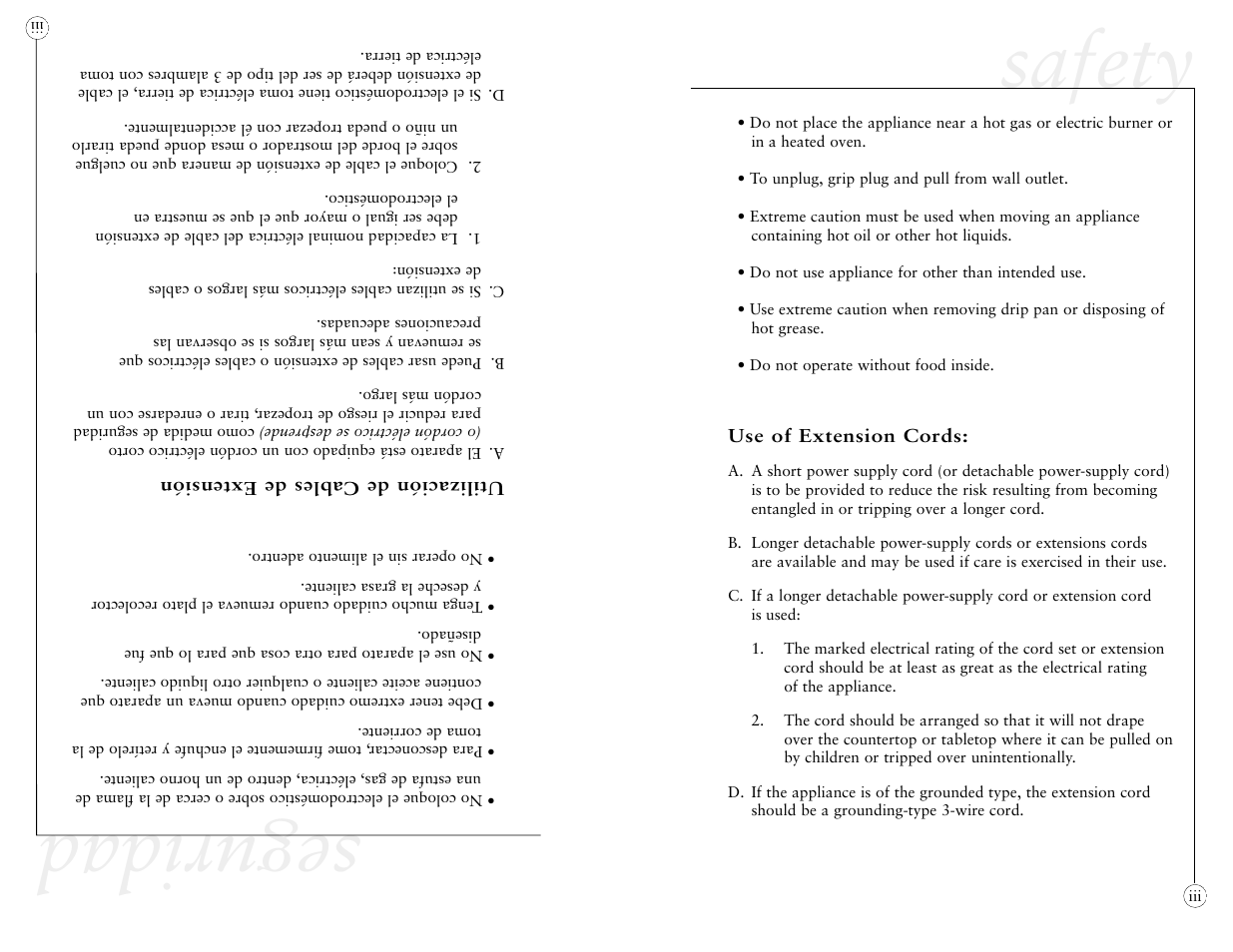 Seguridad, Safety | Oster 4781 User Manual | Page 3 / 27