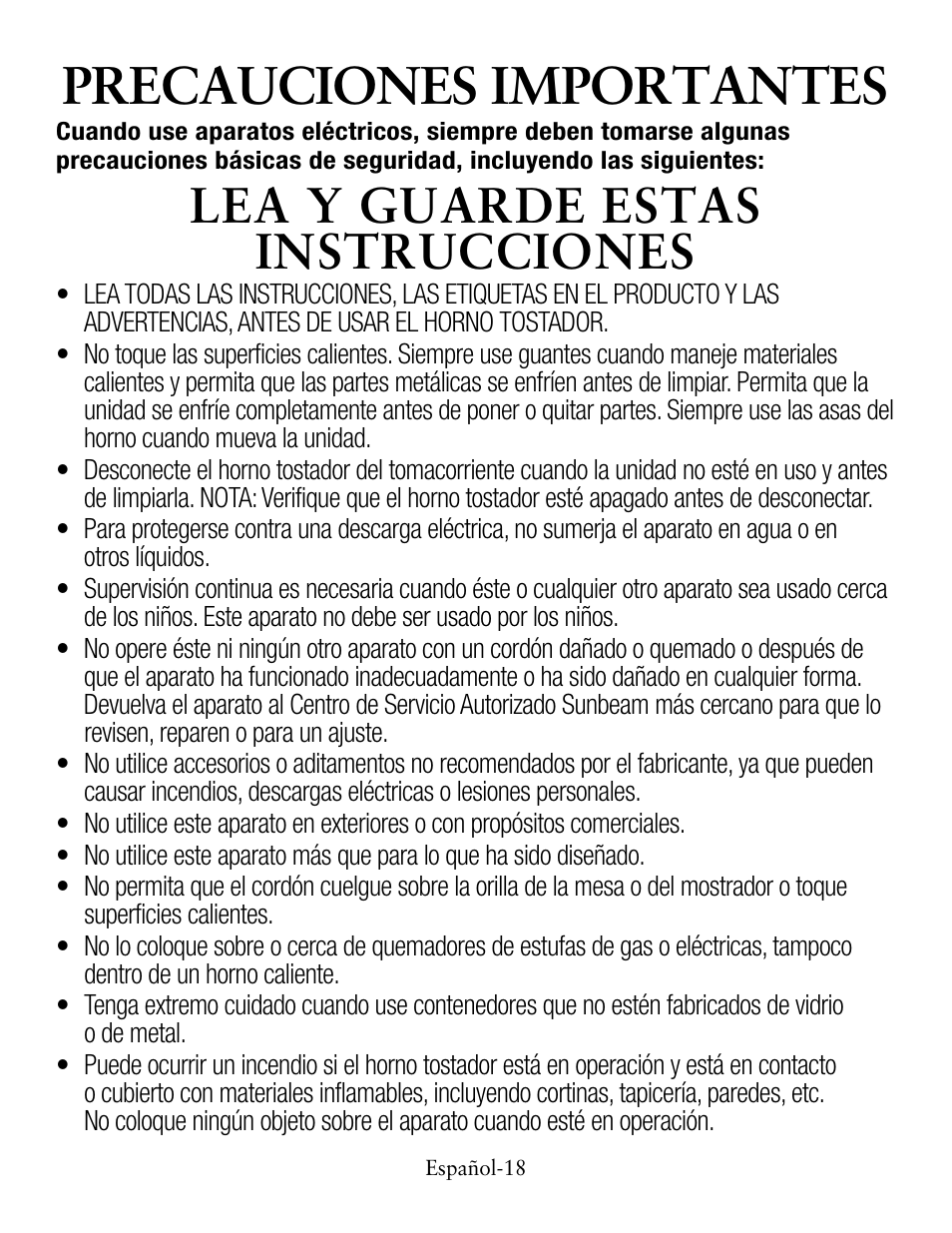 Precauciones importantes, Lea y guarde estas instrucciones | Oster TSSTTVCG01 User Manual | Page 18 / 36