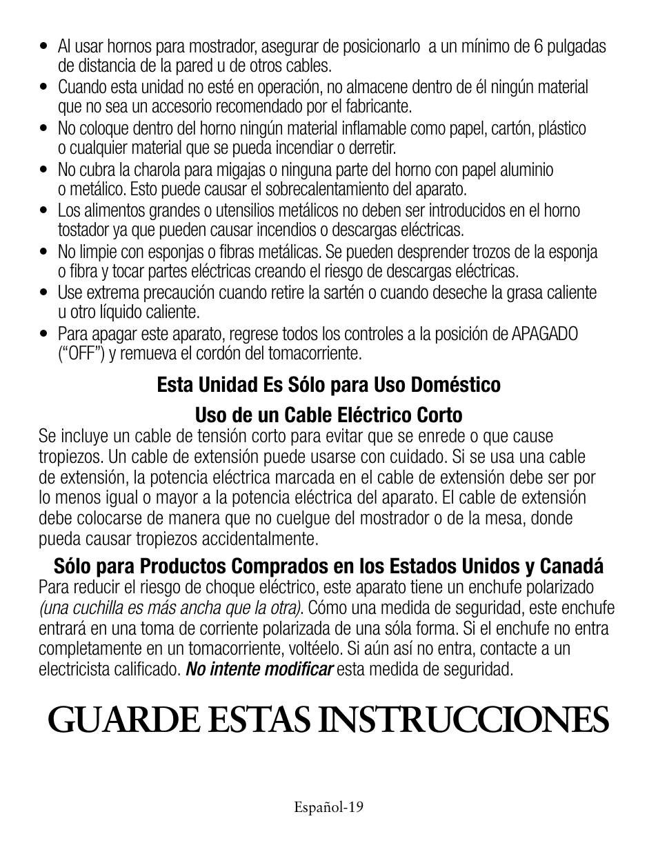 Guarde estas instrucciones | Oster TSSTTVCG01 User Manual | Page 19 / 36