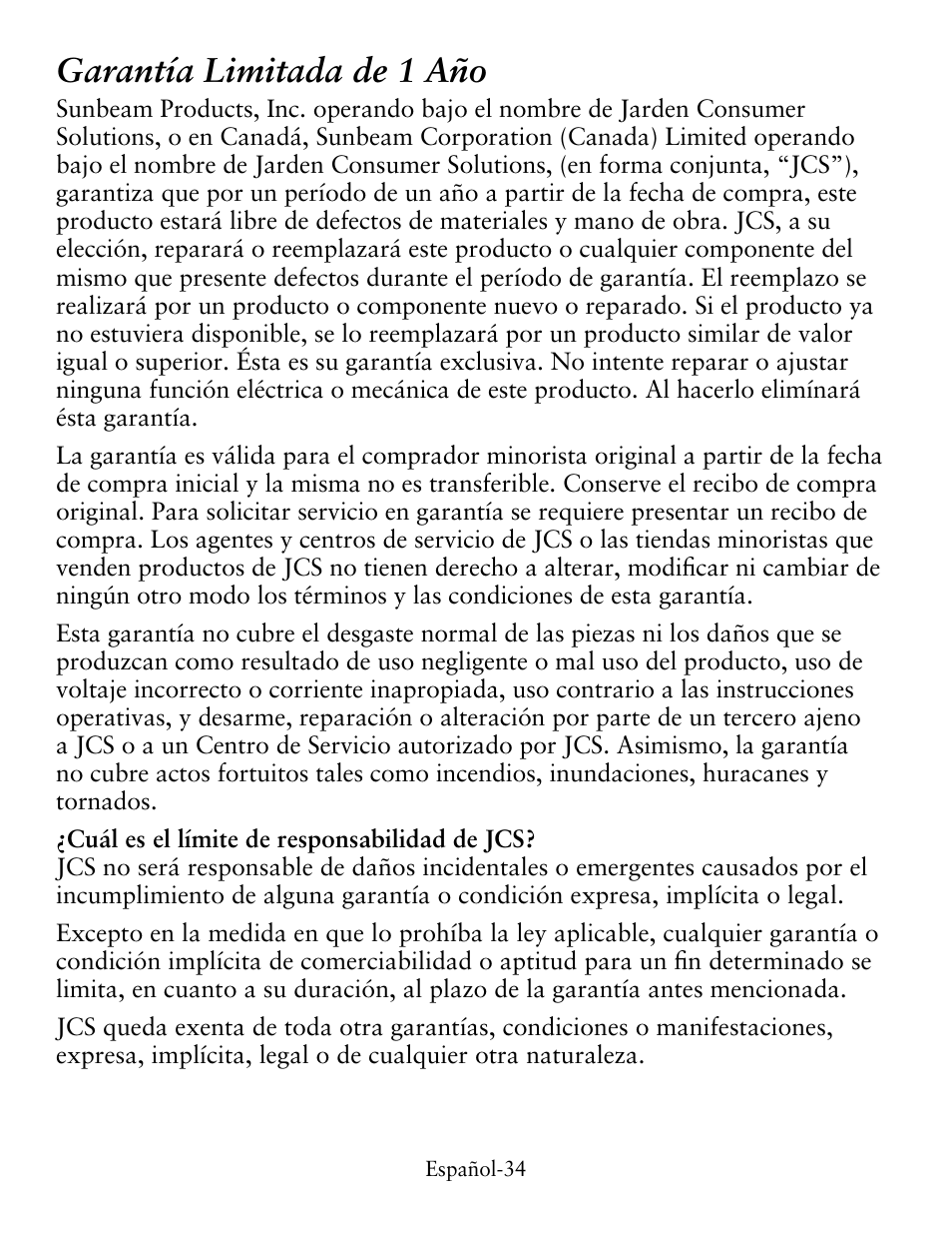 Garantía limitada de 1 año | Oster TSSTTVCG01 User Manual | Page 34 / 36