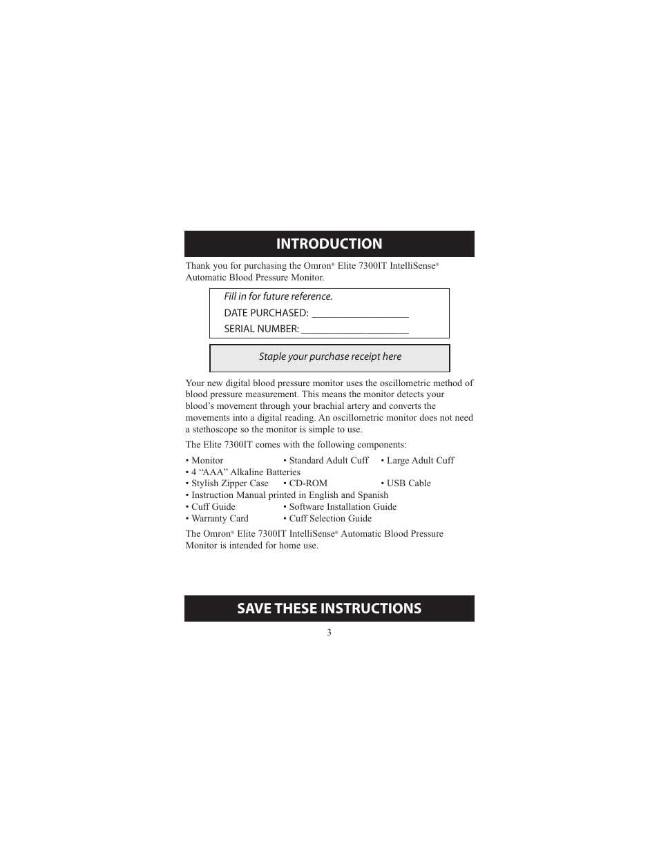 Introduction, Save these instructions | Omron Healthcare ELITE 7300IT User Manual | Page 3 / 92