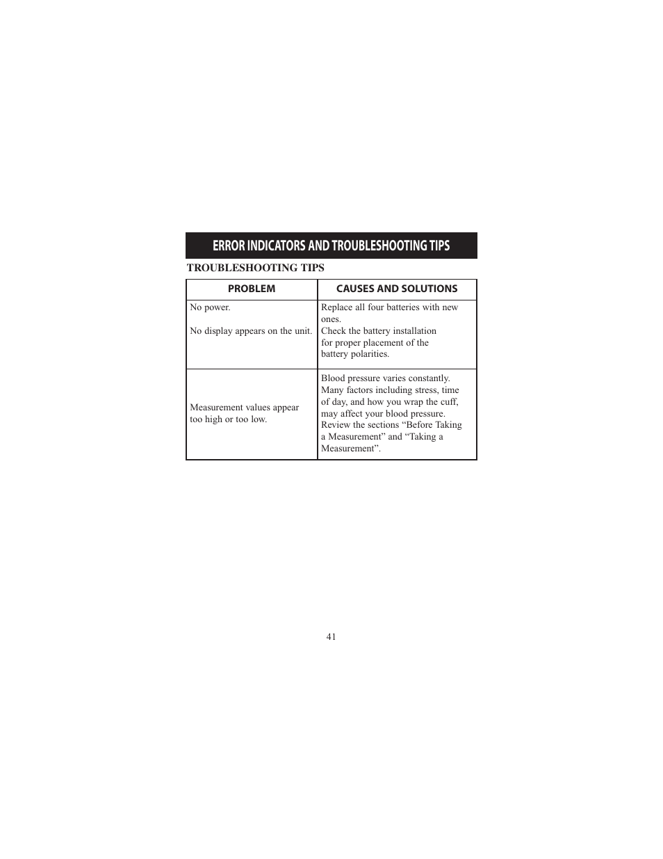 Error indicators and troubleshooting tips | Omron Healthcare ELITE 7300IT User Manual | Page 41 / 92