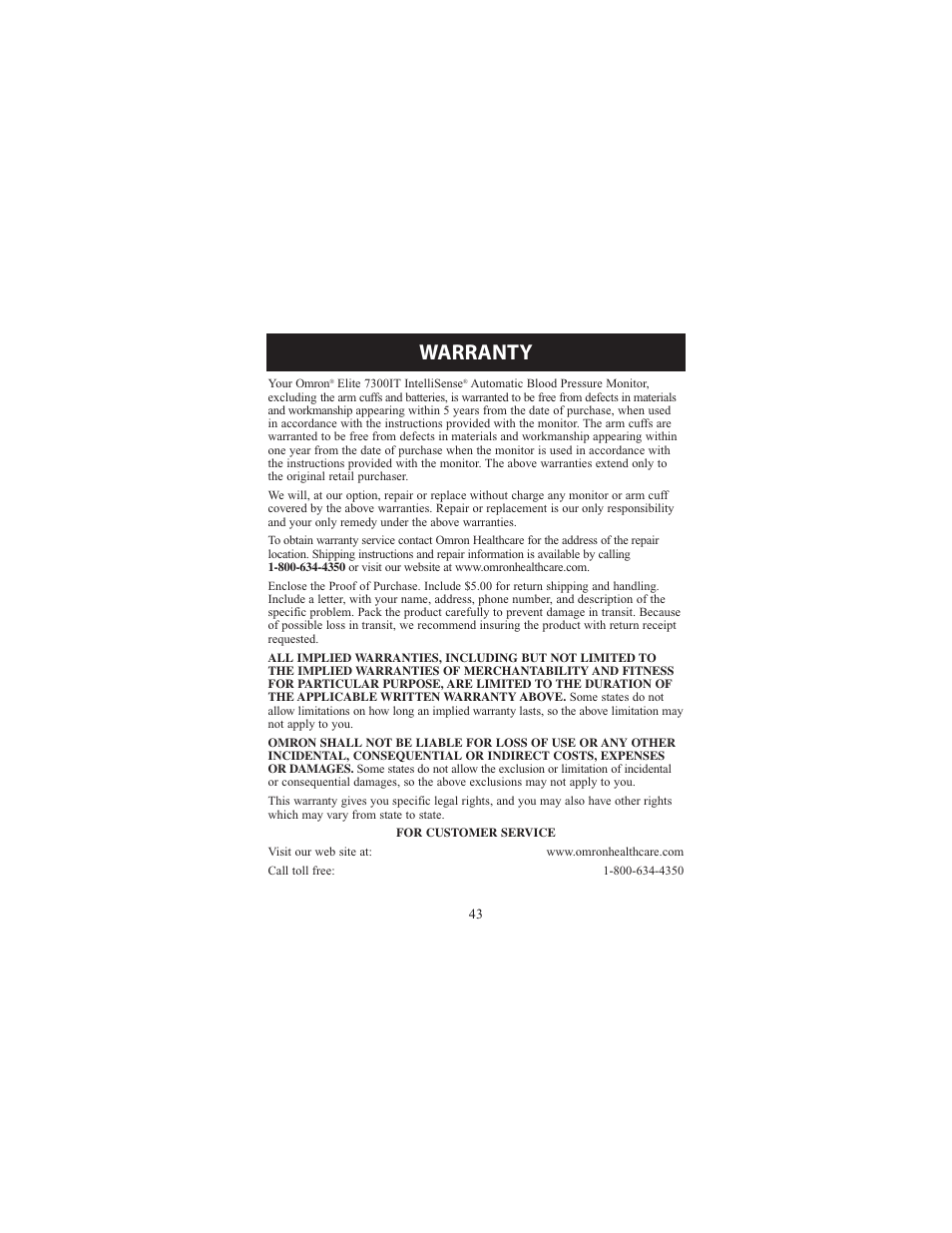 Warranty | Omron Healthcare ELITE 7300IT User Manual | Page 43 / 92