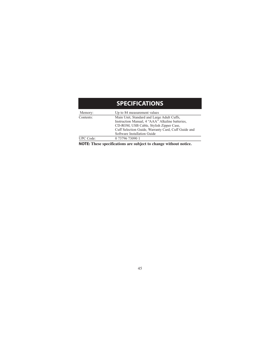 Specifications | Omron Healthcare ELITE 7300IT User Manual | Page 45 / 92