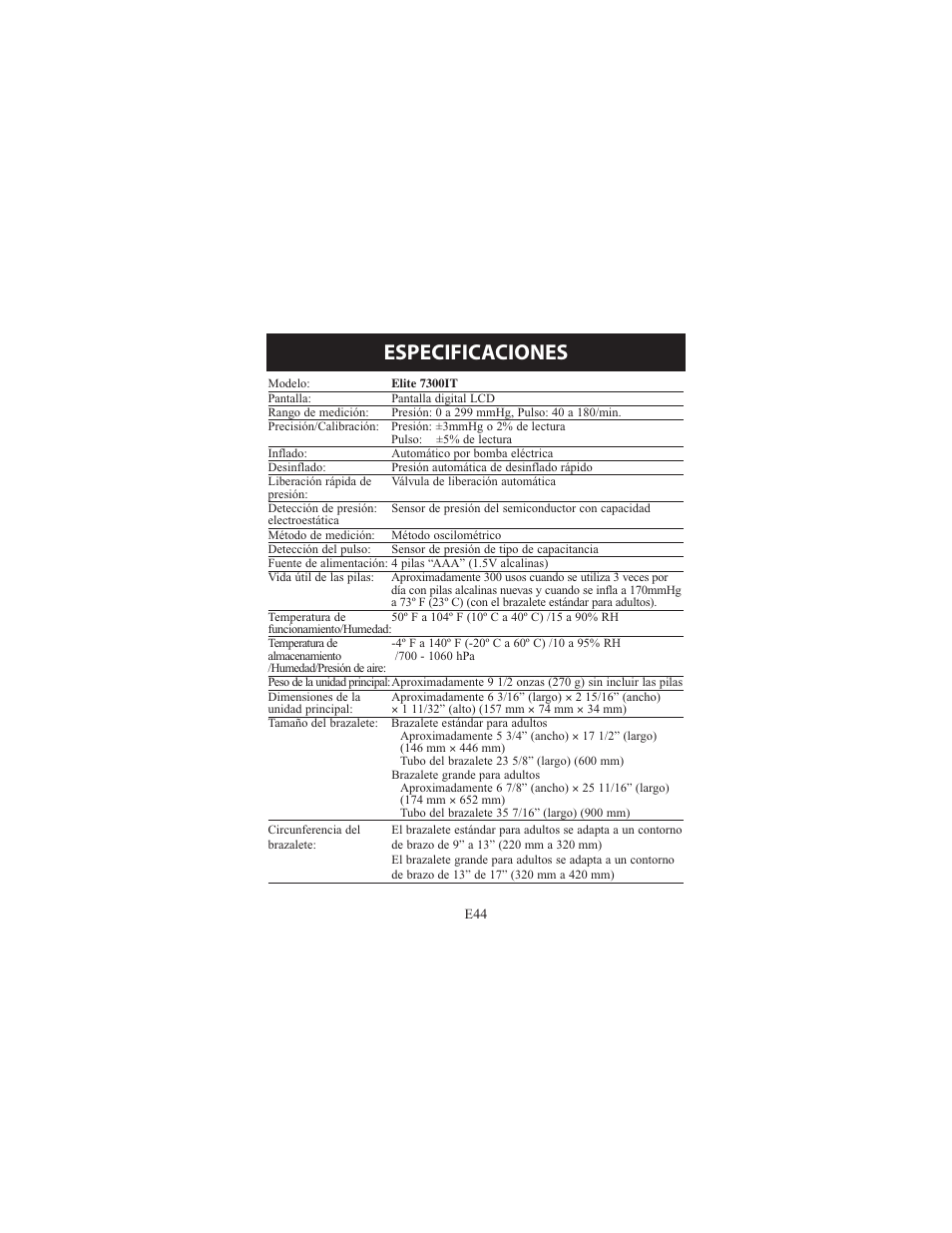Especificaciones | Omron Healthcare ELITE 7300IT User Manual | Page 90 / 92