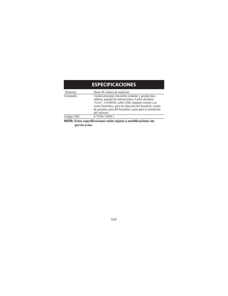 Especificaciones | Omron Healthcare ELITE 7300IT User Manual | Page 91 / 92