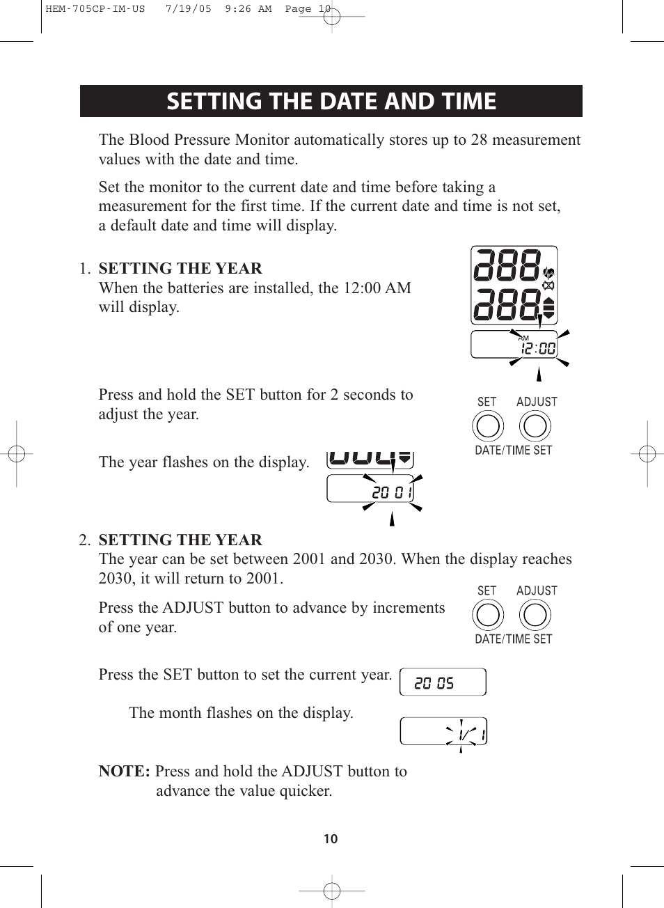 Setting the date and time | Omron Healthcare INTELLISENSE HEM-705CP User Manual | Page 10 / 28