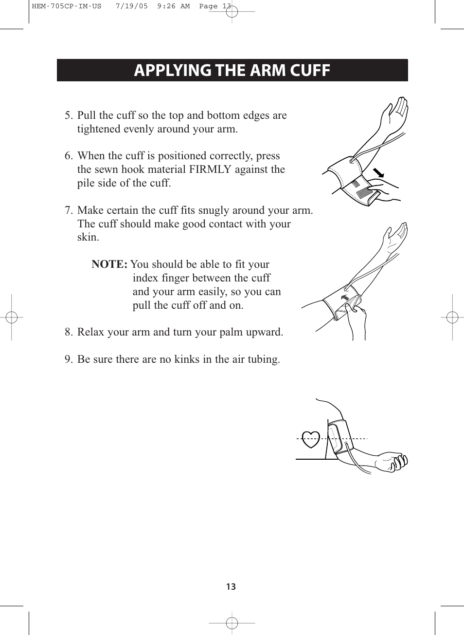 Title, Title applying the arm cuff | Omron Healthcare INTELLISENSE HEM-705CP User Manual | Page 13 / 28