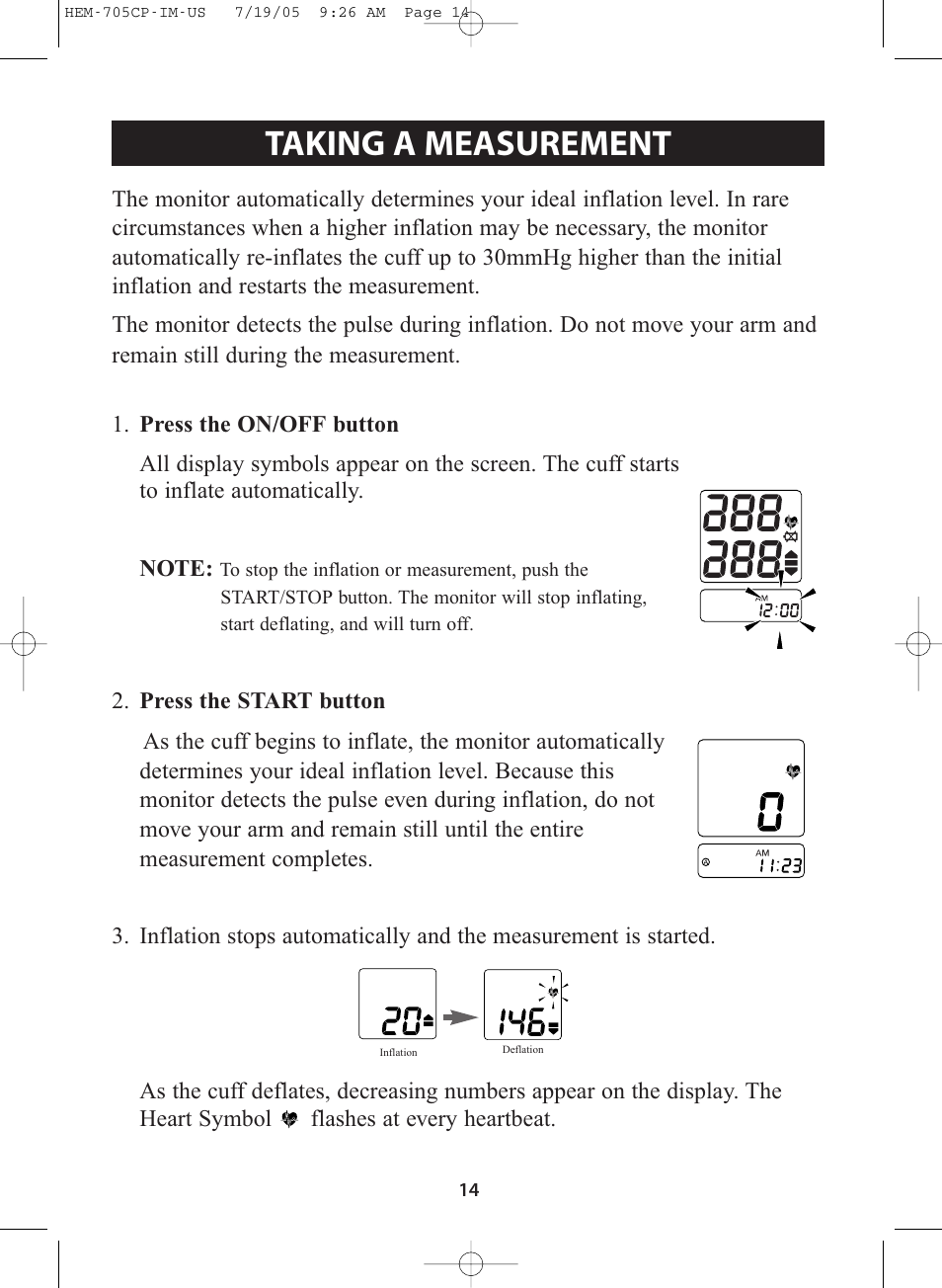Title, Title taking a measurement | Omron Healthcare INTELLISENSE HEM-705CP User Manual | Page 14 / 28
