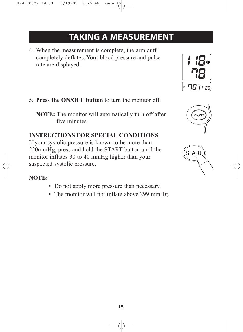 Title, Title taking a measurement | Omron Healthcare INTELLISENSE HEM-705CP User Manual | Page 15 / 28